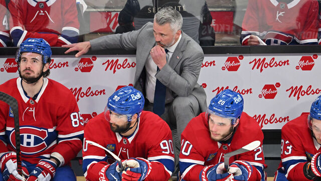 MONTREAL, CANADA - MAY 27: Head coach Martin St. Louis of the Montreal Canadiens looks on during the third period in Game Four of the Eastern Conference Final of the 2026 Stanley Cup Playoffs against the Carolina Hurricanes at Bell Centre on May 27, 2026 in Montreal, Quebec, Canada.