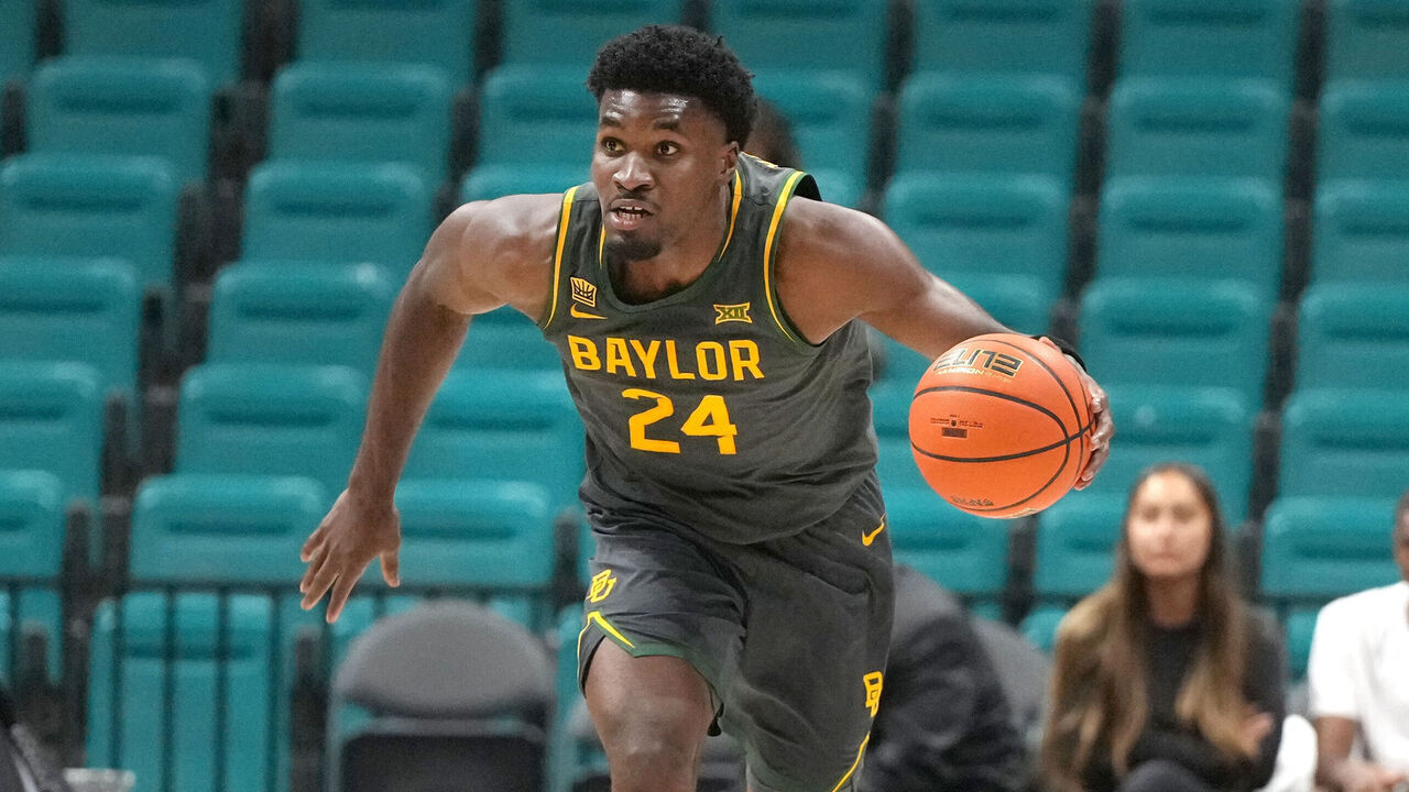 LAS VEGAS, NV - APRIL 01: Tounde Yessoufou #24 of the Baylor Bears dribbles up court during the 2026 College Basketball Crown - Quarterfinal game against the Minnesota Golden Gophers at the Grand Garden Arena at the MGM Grand Resort on April 01, 2026 in Las Vegas, Nevada.