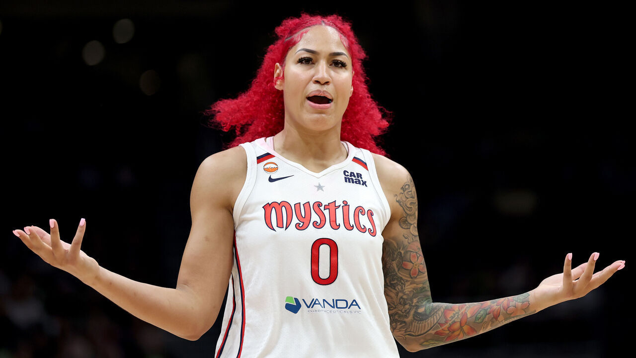 SEATTLE, WASHINGTON - MAY 27: Shakira Austin #0 of the Washington Mystics reacts after a foul during the first half against the Seattle Storm at Climate Pledge Arena on May 27, 2026 in Seattle, Washington.