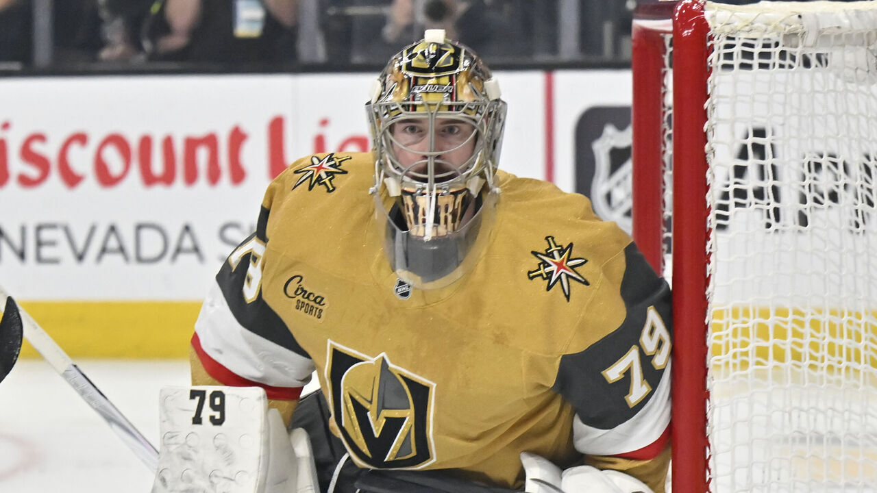 LAS VEGAS, NEVADA - MAY 26: Carter Hart #79 of the Vegas Golden Knights tends net during the second period against the Colorado Avalanche in Game Four of the Western Conference Final of the 2026 Stanley Cup Playoffs at T-Mobile Arena on May 26, 2026 in Las Vegas, Nevada.