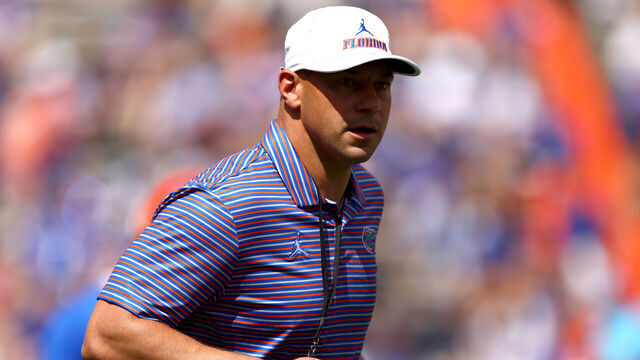 GAINESVILLE, FLORIDA - APRIL 11: Head coach Jon Sumrall of the Florida Gators looks on before the Orange and Blue Game at Ben Hill Griffin Stadium on April 11, 2026 in Gainesville, Florida.
