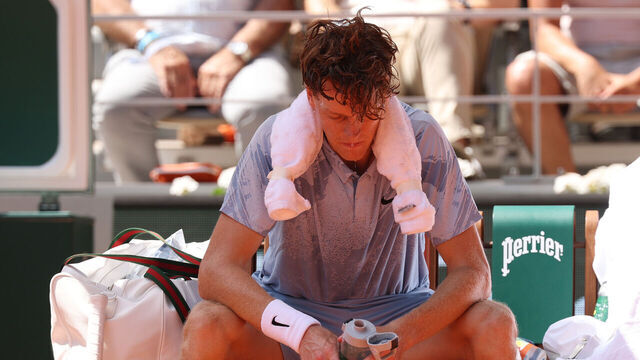 PARIS, FRANCE - MAY 28: Jannik Sinner of Italy looks dejected during a break in play in his Men's Singles second round match against Juan Manuel Cerundolo of Argentina during Day Five of the 2026 French Open at Roland Garros on May 28, 2026 in Paris, France.