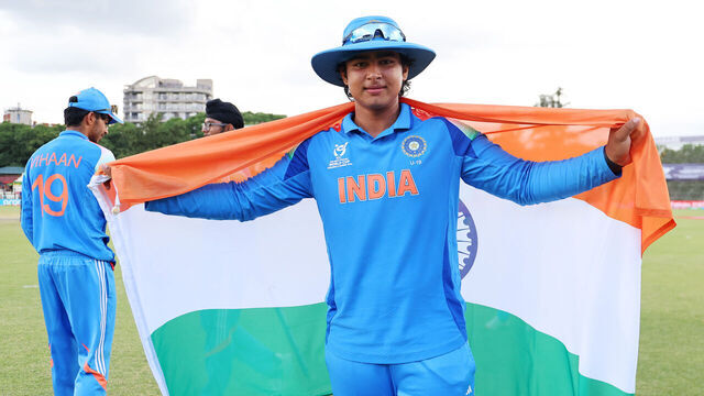 HARARE, ZIMBABWE - FEBRUARY 06: Vaibhav Suryavanshi of India poses with the ICC U19 Men´s Cricket World Cup Trophy after winning the ICC U19 Men´s Cricket World Cup 2026 following the ICC U19 Men's Cricket World Cup 2026 Final between England and India at Harare Sports Club on February 06, 2026 in Harare, Zimbabwe.