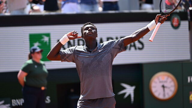 PARIS, FRANCE - MAY 28: France's Moise Kouame celebrates after defeating Paraguay's Adolfo Daniel Vallejo during their men's singles match on day five of the French Open (Roland Garros) on Court Suzanne-Lenglen in Paris, France, on May 28, 2026.