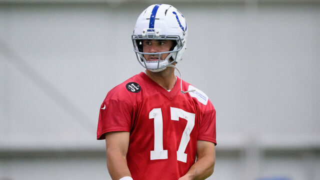 INDIANAPOLIS, IN - MAY 27: Indianapolis Colts quarterback Daniel Jones (17) runs through a drill during the Indianapolis Colts OTA on May 27, 2026 at the Indiana Farm Bureau Football Center in Indianapolis, IN.