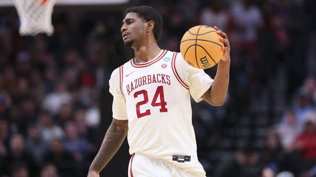 PORTLAND, OREGON - MARCH 21: Billy Richmond III #24 of the Arkansas Razorbacks handles the ball during the first half against the High Point Panthers during the second round of the 2026 NCAA Men's Basketball Tournament held at Moda Center on March 21, 2026 in Portland, Oregon.