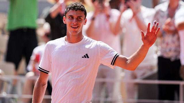 PARIS, FRANCE - MAY 28: Juan Manuel Cerundolo of Argentina celebrates the victory in the Men's Singles Second Round match against Jannik Sinner of Italy during Day five of the 2026 French Open at Roland Garros on May 28, 2026 in Paris, France.