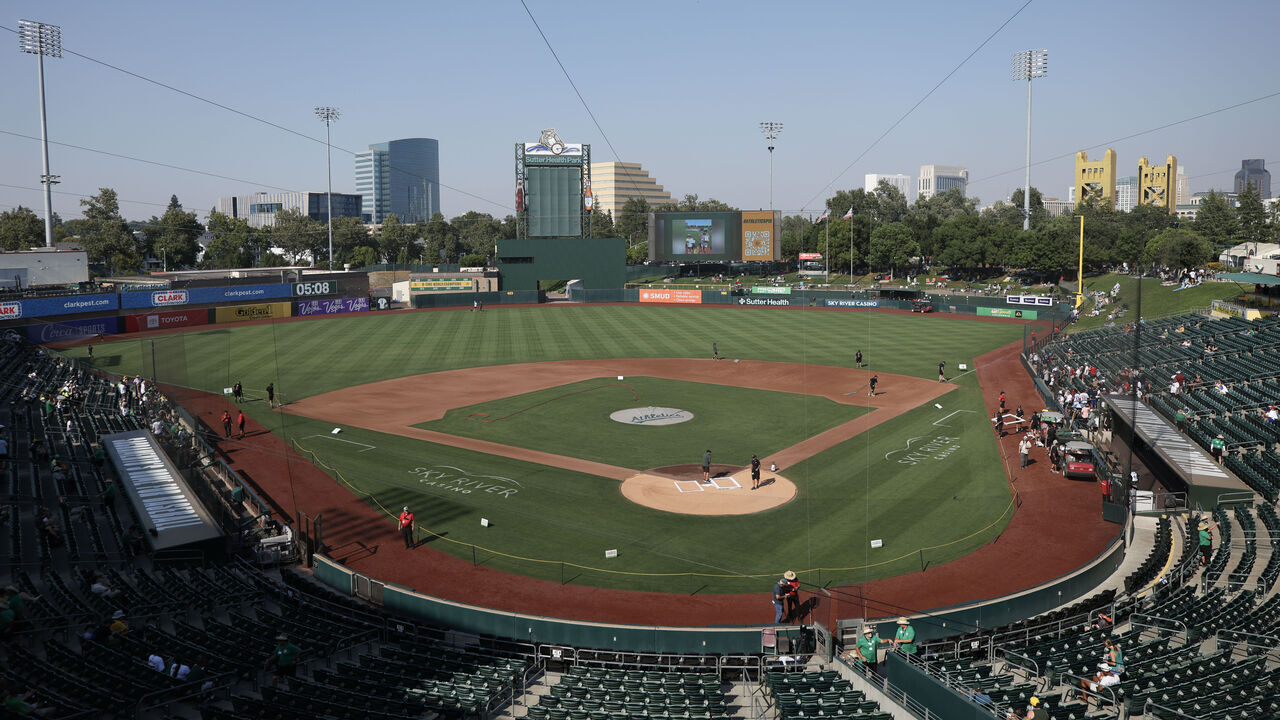 SACRAMENTO, CALIFORNIA - JULY 10: Stadium view before the game between the Athletics and Atlanta Braves at Sutter Health Park on July 10, 2025 in Sacramento, California.