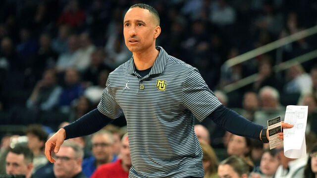 NEW YORK, NY - MARCH 11: Head coach Shaka Smart of the Marquette Golden Eagles looks on during the Big East Men's Tournament - First Round game against the Xavier Musketeers at Madison Square Garden on March 11, 2026 in New York City.