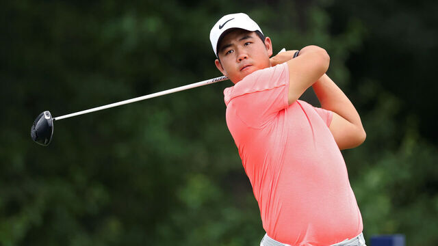 FORT WORTH, TEXAS - MAY 28: Tom Kim of South Korea plays his shot from the 12th tee during the first round of the Charles Schwab Challenge 2026 at Colonial Country Club on May 28, 2026 in Fort Worth, Texas.