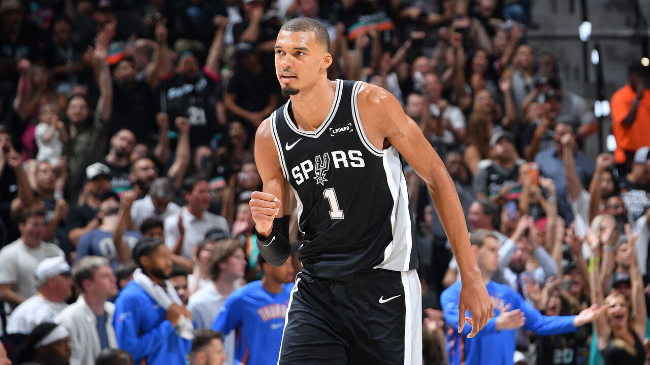 OKLAHOMA CITY, OK - MAY 28: Victor Wembanyama #1 of the San Antonio Spurs celebrates during the game against the Oklahoma City Thunder during Game Six of the NBA Western Conference Finals on May 28, 2026 at Paycom Center in Oklahoma City, Oklahoma. Mandatory Copyright Notice: Copyright 2026 NBAE