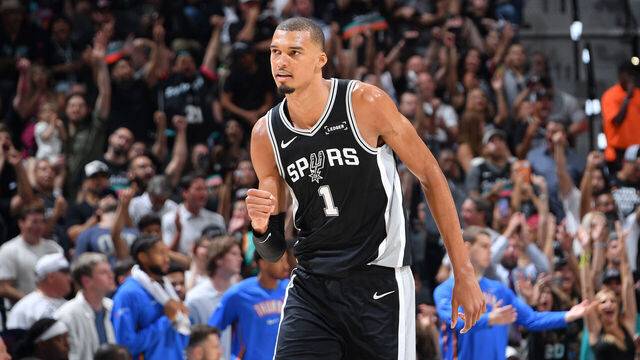 OKLAHOMA CITY, OK - MAY 28: Victor Wembanyama #1 of the San Antonio Spurs celebrates during the game against the Oklahoma City Thunder during Game Six of the NBA Western Conference Finals on May 28, 2026 at Paycom Center in Oklahoma City, Oklahoma. Mandatory Copyright Notice: Copyright 2026 NBAE
