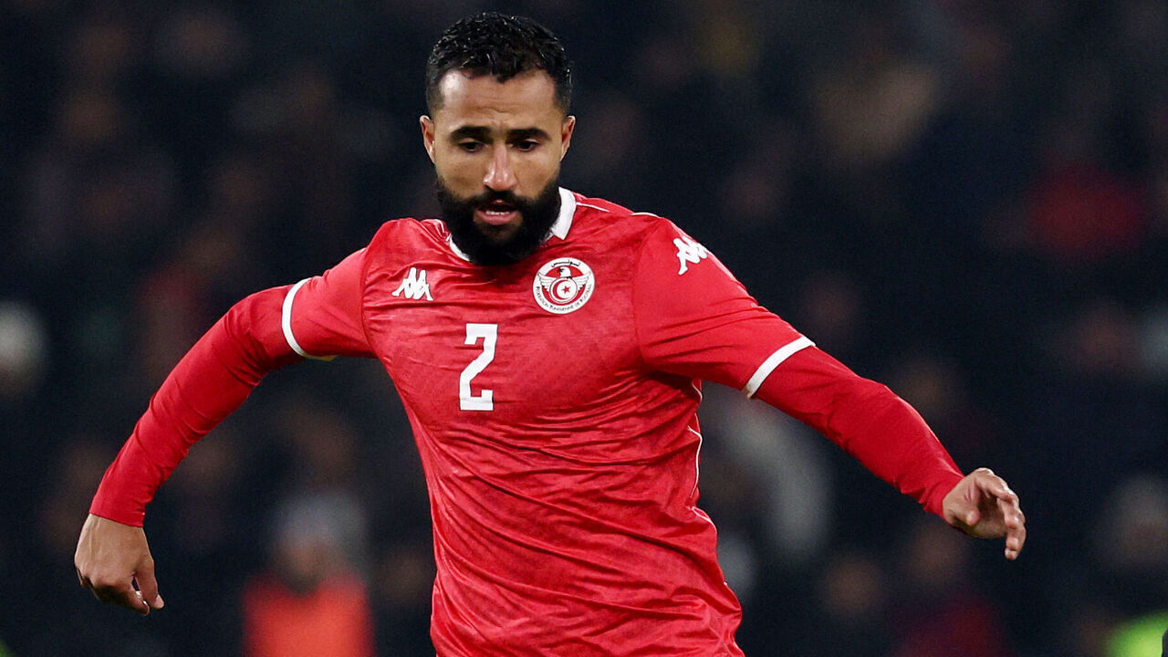 Tunisia's defender Ali Abdi controls the ball during the International friendly football match between Brazil and Tunisia at Stade Pierre-Mauroy, in Villeneuve-d'Ascq, northern France, on November 18, 2025.