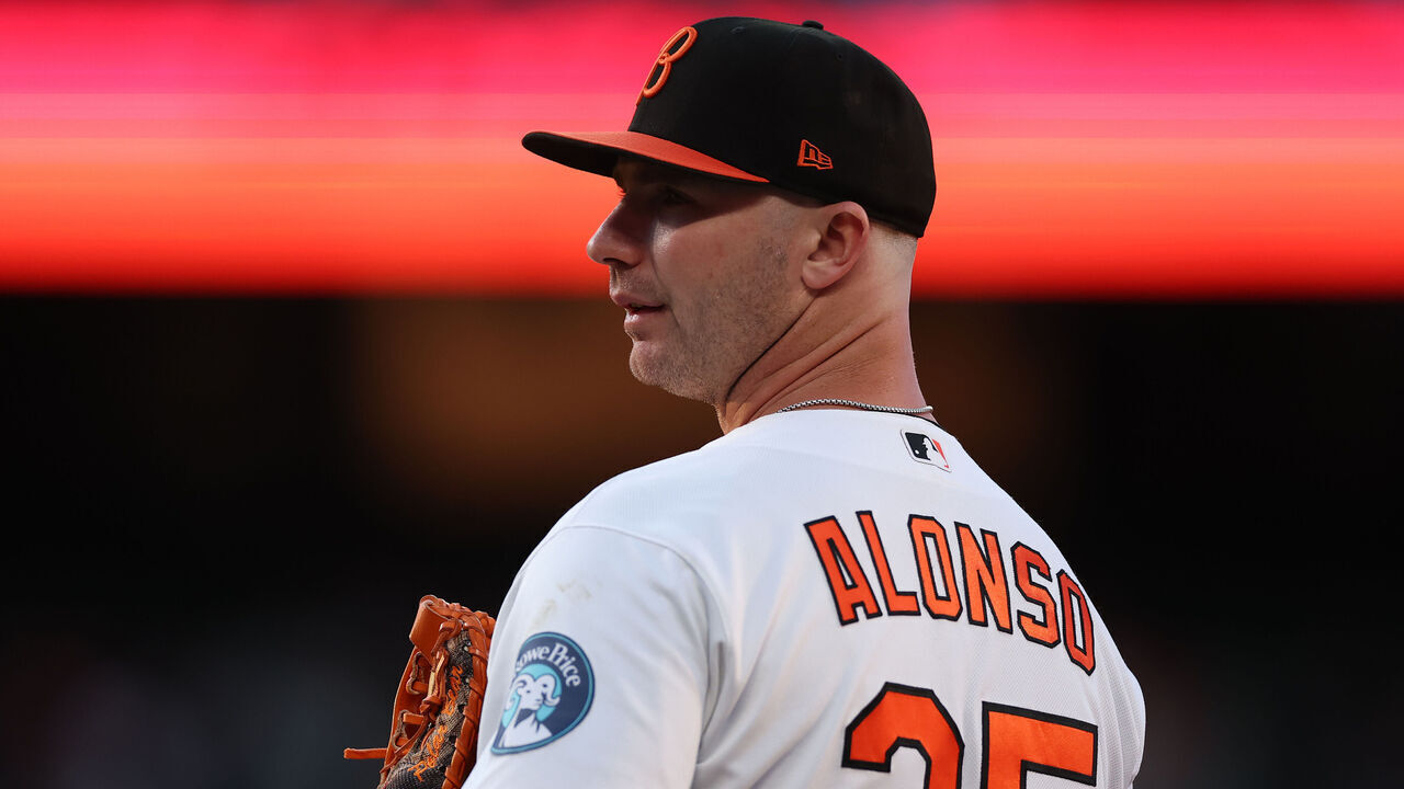 BALTIMORE, MARYLAND - MAY 11: Pete Alonso #25 of the Baltimore Orioles looks on as he fields against the New York Yankees at Oriole Park at Camden Yards on May 11, 2026 in Baltimore, Maryland.
