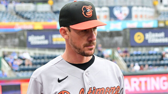 KANSAS CITY, MO - APRIL 22: Baltimore Orioles starting pitcher Chris Bassitt (40) as seen during a MLB game between the Baltimore Orioles and the Kansas City Royals on April 22, 2026, at Kauffman Stadium in Kansas City, MO.