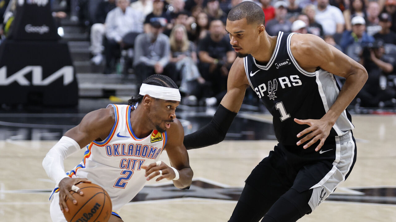 SAN ANTONIO, TX -MAY 28: Shai Gilgeous-Alexander #2 of the Oklahoma City Thunder drives against Victor Wembanyama #1 of the San Antonio Spurs in the second half of Game Six of the NBA Western Conference Finals at Frost Bank Center on May 28, 2026 in San Antonio, Texas. NOTE TO USER: User expressly acknowledges and agrees that, by downloading and or using this photograph, User is consenting to terms and conditions of the Getty Images License Agreement.