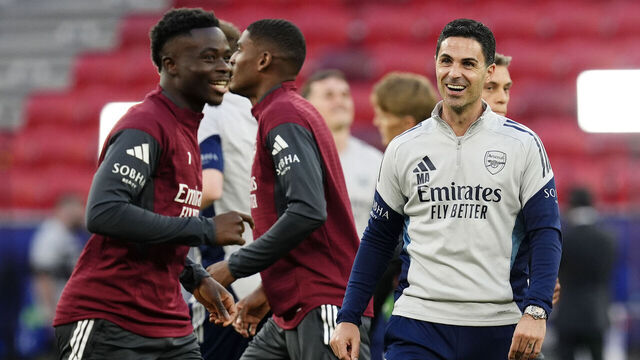 Arsenal manager Mikel Arteta (right) during a training session at the Puskas Arena, Budapest. Picture date: Friday May 29, 2026.
