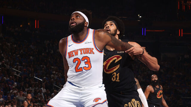 NEW YORK, NY - MAY 19: Mitchell Robinson #23 of the New York Knicks boxes out Jarrett Allen #31 of the Cleveland Cavaliers during the game during Game One of the NBA Eastern Conference Finals on May 19, 2026 at Madison Square Garden in New York City, New York. Mandatory Copyright Notice: Copyright 2026 NBAE