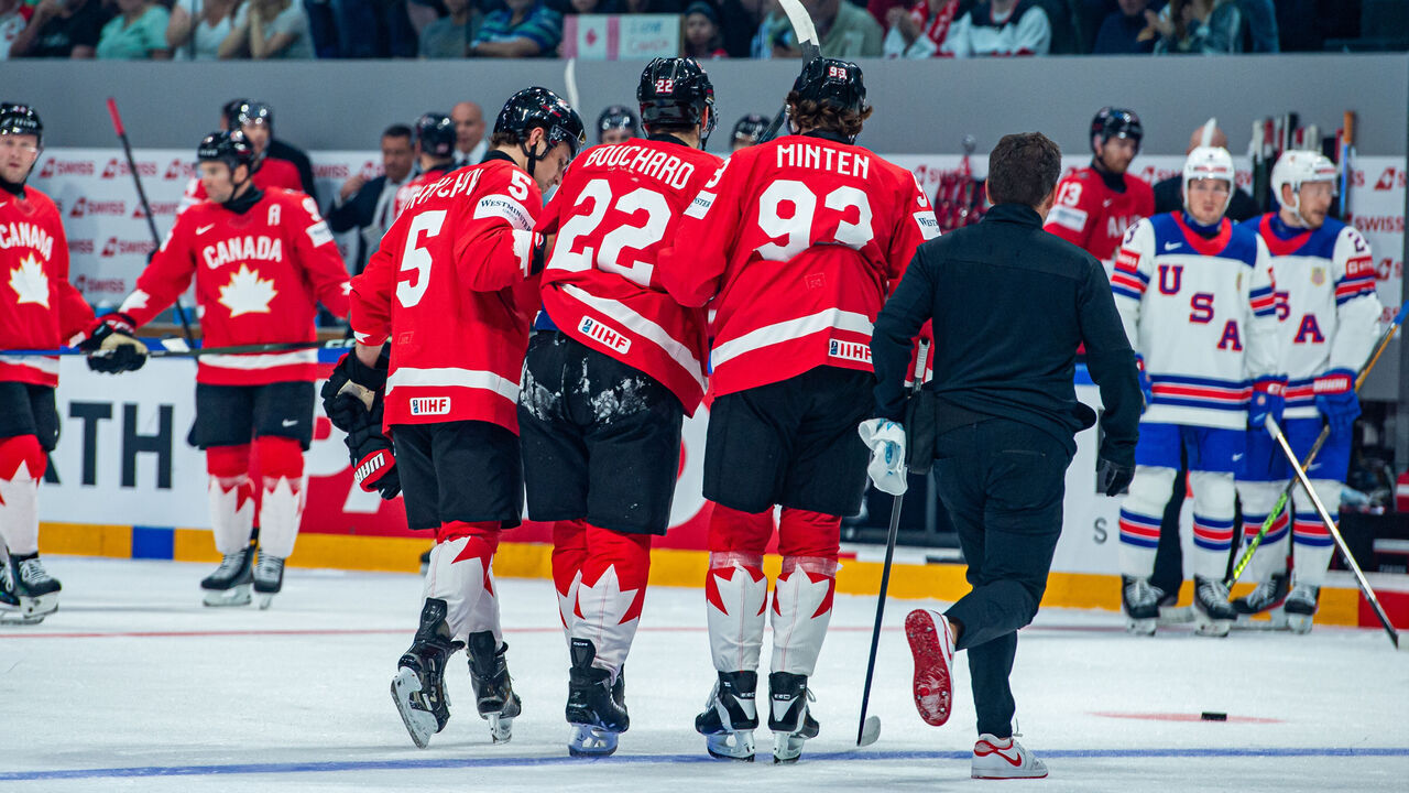 FRIBOURG, SWITZERLAND - MAY 28: Evan Bouchard #22 of Canada after a clash leaves the ice during the 2026 IIHF Ice Hockey World Championship Switzerland Quarter-finals game between Canada and USA at BCF Arena on May 28, 2026 in Fribourg, Switzerland.
