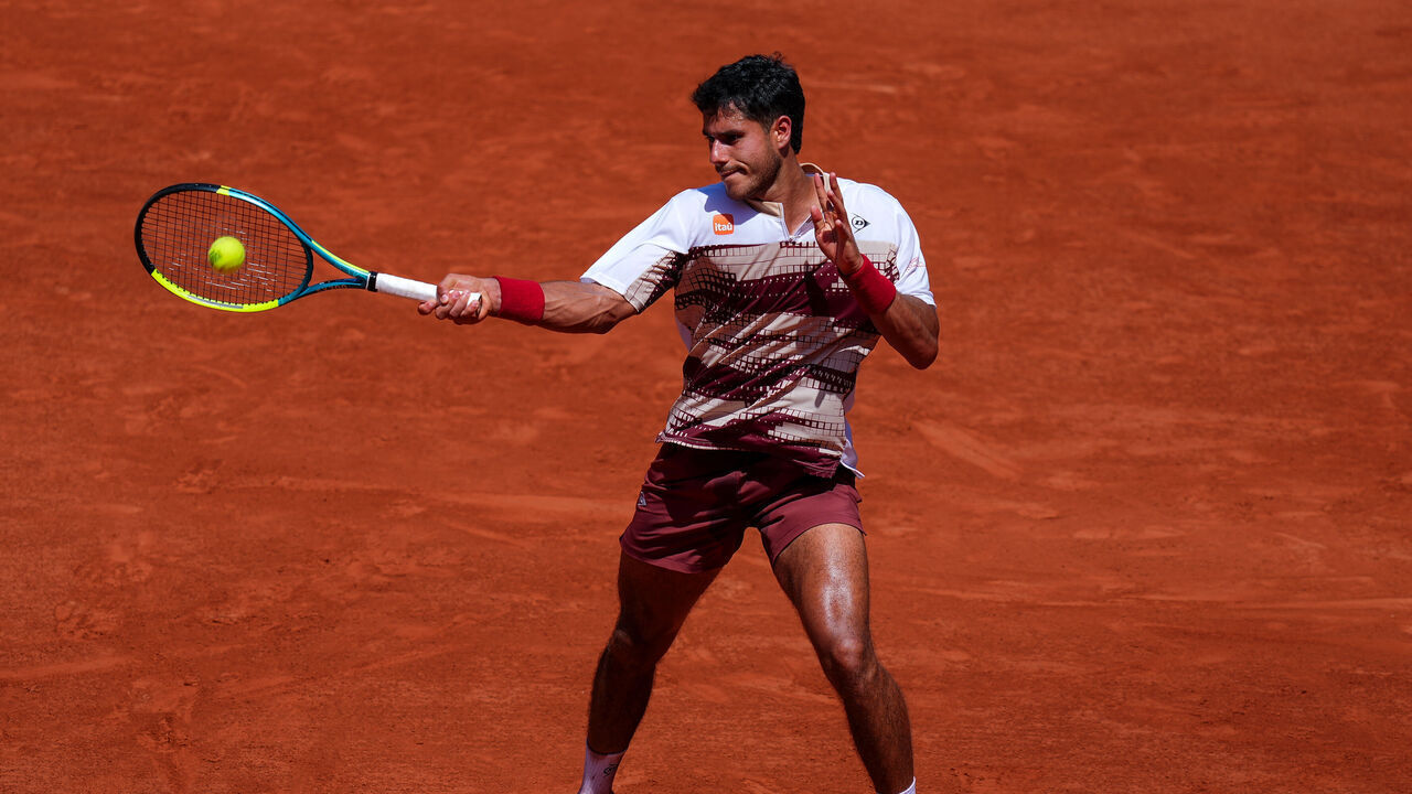 PARIS, FRANCE - MAY 28: Adolfo Daniel Vallejo of Paraguay plays a forehand against Moise Kouame of France in the Men's Singles Second Round match on Day Five of the 2026 French Open at Roland Garros on May 28, 2026 in Paris, France.