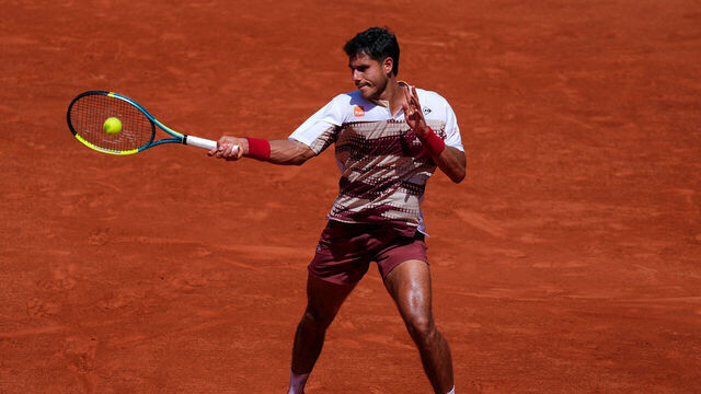 PARIS, FRANCE - MAY 28: Adolfo Daniel Vallejo of Paraguay plays a forehand against Moise Kouame of France in the Men's Singles Second Round match on Day Five of the 2026 French Open at Roland Garros on May 28, 2026 in Paris, France.