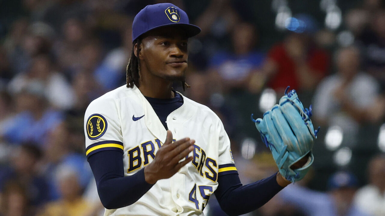 MILWAUKEE, WI - MAY 26: Milwaukee Brewers pitcher Abner Uribe (45) reacts towards the St. Louis Cardinals bench during a game between the Milwaukee Brewers and the St. Louis Cardinals at American Family Field on May 26, 2026 in Milwaukee, WI.