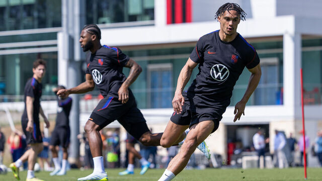 MARIETTA, GEORGIA - MARCH 27: Mark McKenzie and Antonee Robinson of the United States warm ups during the USMNT training at Children's Healthcare of Atlanta Training Ground on March 27, 2026 in Marietta, Georgia.