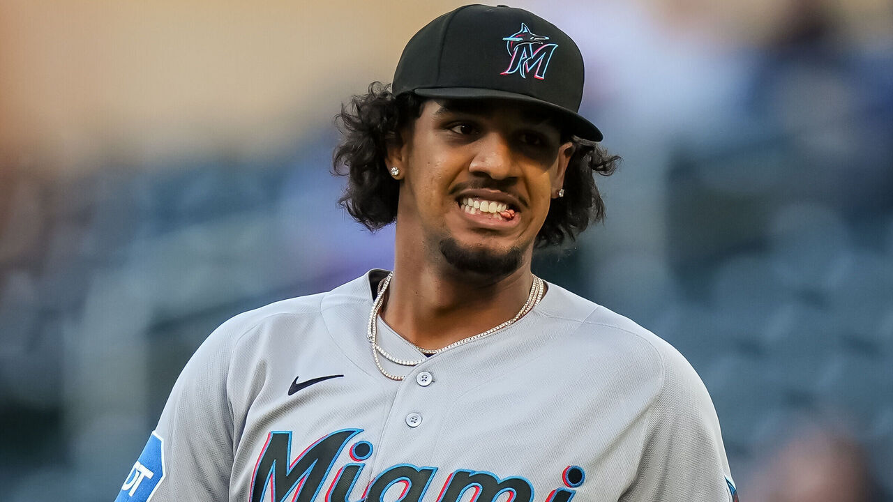 MINNEAPOLIS, MN - MAY 12: Eury Perez #39 of the Miami Marlins looks on against the Minnesota Twins on May 12, 2026 at Target Field in Minneapolis, Minnesota.