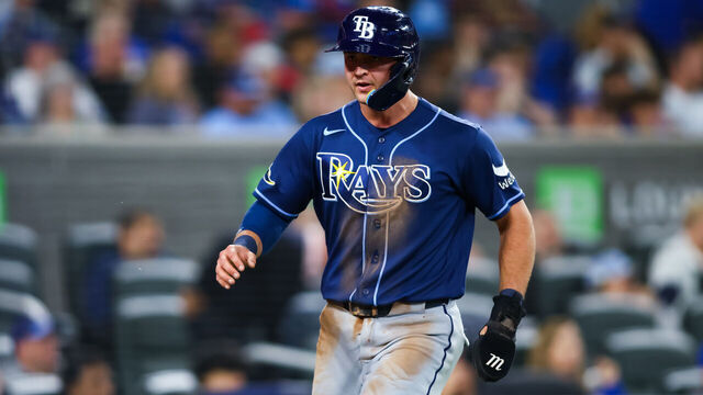 TORONTO, CANADA - MAY 13: Ben Williamson #15 of the Tampa Bay Rays reacts as he scores against the Toronto Blue Jays in their MLB game at Rogers Centre on May 13, 2026 in Toronto, Ontario, Canada.