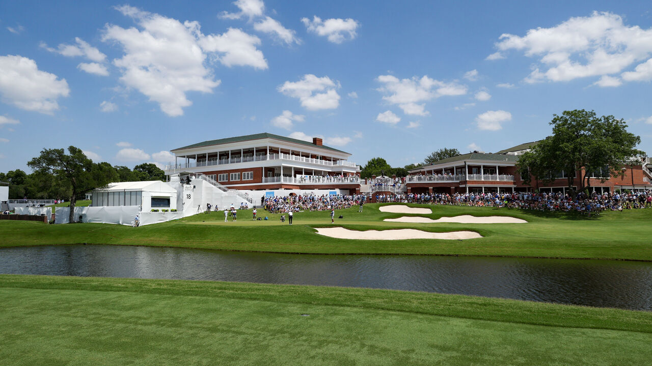 FORT WORTH, TX - MAY 25: General view of the 18th green during the final round of the Charles Schwab Challenge on May 25, 2025 at Colonial Country Club in Fort Worth, TX.