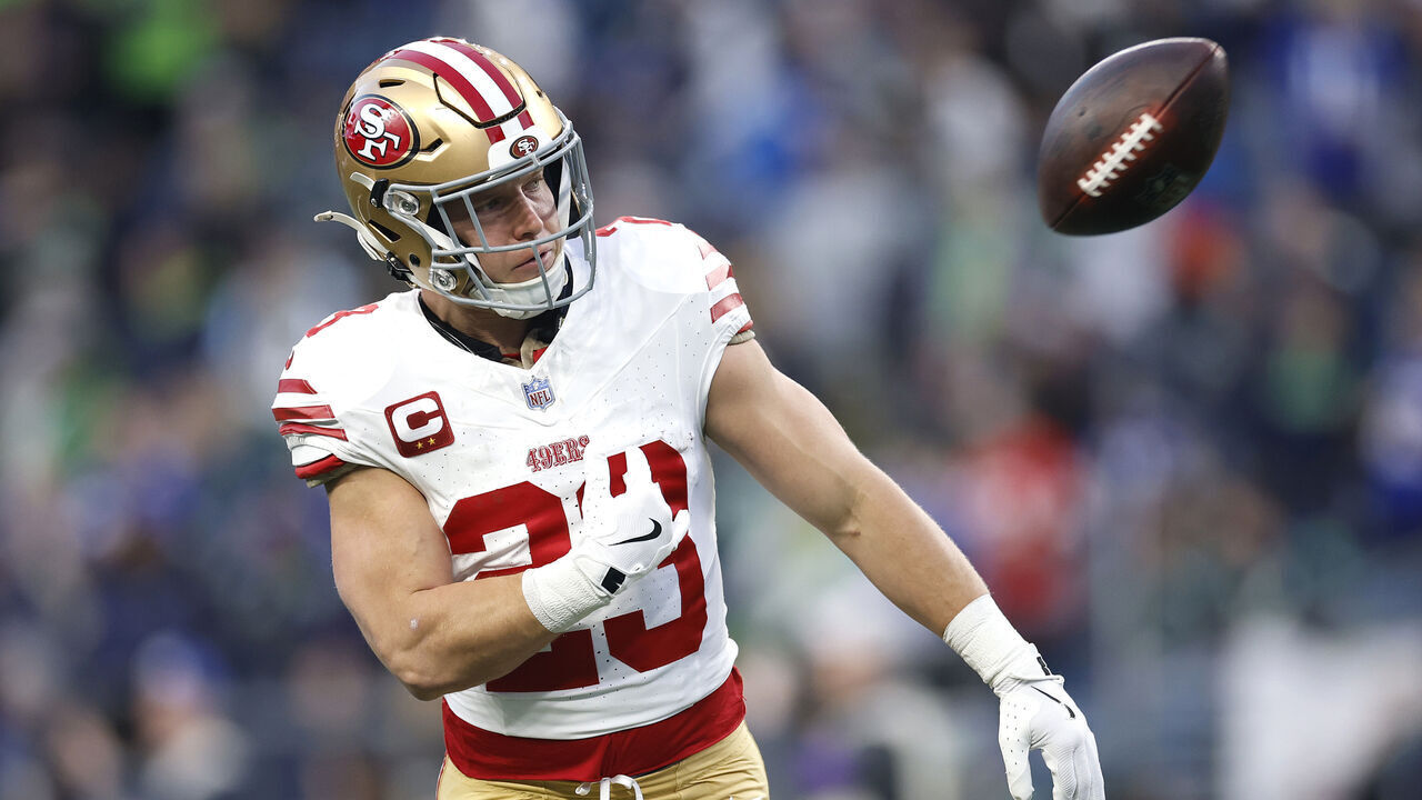 SEATTLE, WASHINGTON - JANUARY 17: Christian McCaffrey #23 of the San Francisco 49ers warms up prior to the NFC Divisional Playoff game against the Seattle Seahawks at Lumen Field on January 17, 2026 in Seattle, Washington.