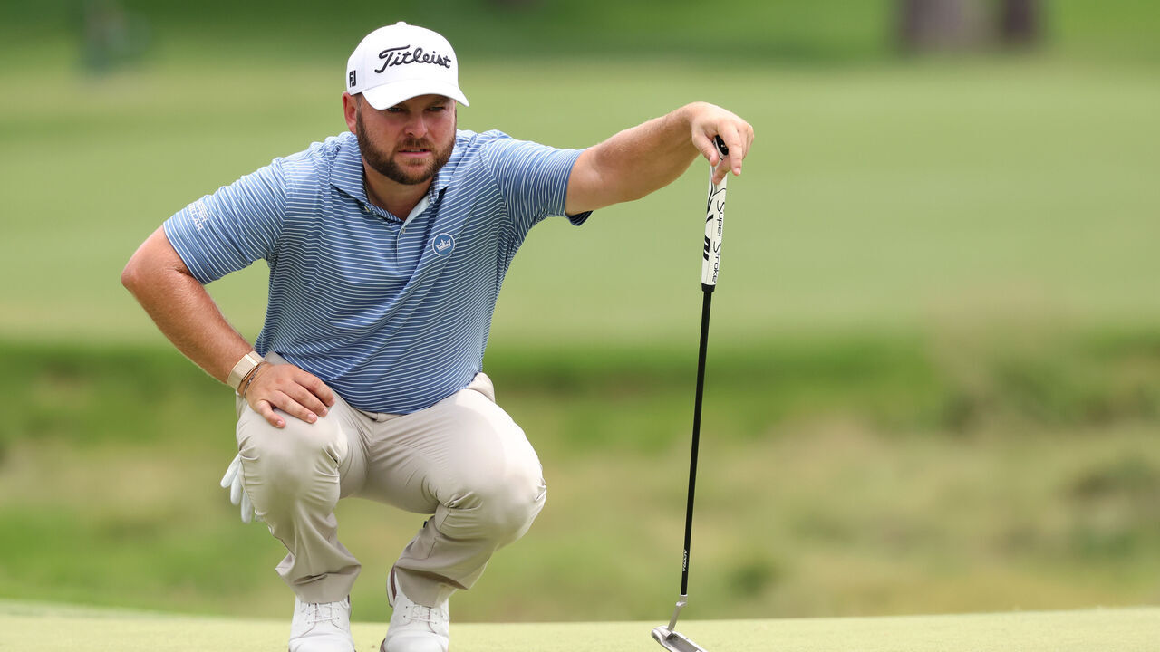 FORT WORTH, TEXAS - MAY 29: Jordan Smith of England lines up a putt on the seventh green during the second round of the Charles Schwab Challenge 2026 at Colonial Country Club on May 29, 2026 in Fort Worth, Texas.