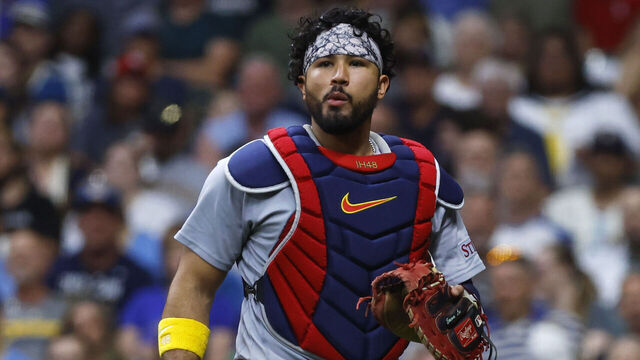 MILWAUKEE, WI - MAY 26: St. Louis Cardinals catcher Yohel Pozo (63) walks off the field during a game between the Milwaukee Brewers and the St. Louis Cardinals at American Family Field on May 26, 2026 in Milwaukee, WI.