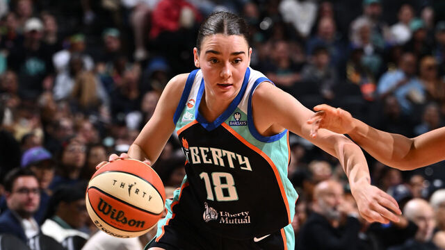 BROOKLYN, NY - MAY 29: Pauline Astier #18 of the New York Liberty dribbles the ball during the game against the Phoenix Mercury on May 29, 2026 at Barclays Center Arena in Brooklyn, New York. Mandatory Copyright Notice: Copyright 2026 NBAE