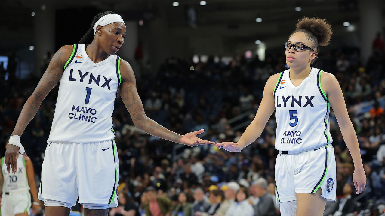CHICAGO, IL - MAY 29: Natasha Howard #1 of the Minnesota Lynx and Olivia Miles #5 of the Minnesota Lynx against the Chicago Sky during the second half May 29, 2026 at Wintrust Arena in Chicago, Illinois.