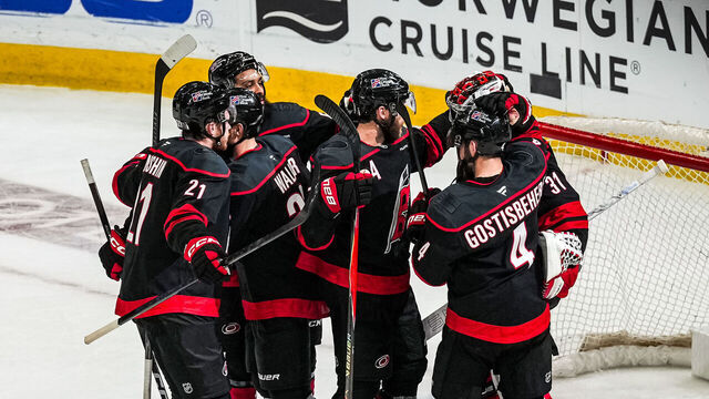 RALEIGH, NORTH CAROLINA - MAY 29: The Carolina Hurricanes celebrate after a 6-1 victory against the Montréal Canadiens in Game Five of the Eastern Conference Final of the 2026 Stanley Cup Playoffs at Lenovo Center on May 29, 2026 in Raleigh, North Carolina.