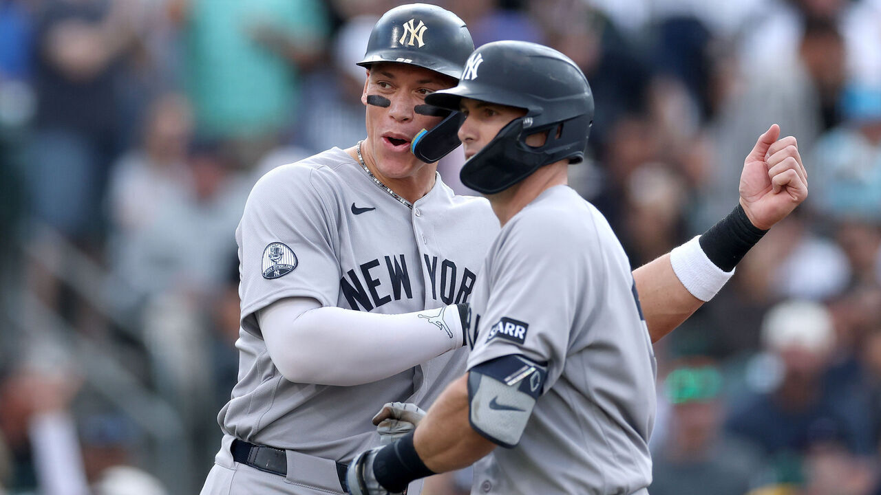 SACRAMENTO, CALIFORNIA - MAY 29: Aaron Judge #99 congratulates Paul Goldschmidt #48 of the New York Yankees after he hit a home run against the Athletics in the first inning at Sutter Health Park on May 29, 2026 in Sacramento, California.