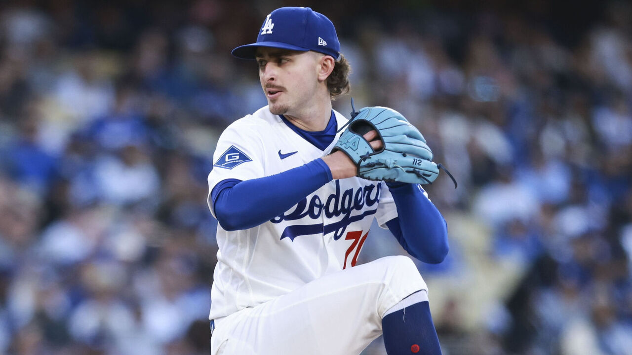 LOS ANGELES, CA - MAY 29: Justin Wrobleski #70 of the Los Angeles Dodgers pitches during the game between the Philadelphia Phillies and the Los Angeles Dodgers at UNIQLO Field at Dodger Stadium on Friday, May 29, 2026 in Los Angeles, California.
