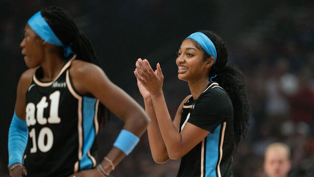PORTLAND, OREGON - MAY 29: Angel Reese #5 of the Atlanta Dream reacts after getting called for a foul during the first half of the game against the Portland Fire at Moda Center on May 29, 2026 in Portland, Oregon.