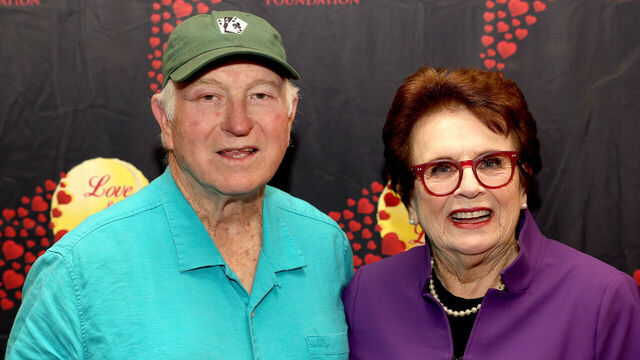 PALM DESERT, CALIFORNIA - MARCH 11: Larry King and Billie Jean King pose for a photo during the Annalee Thurston Award Reception at Palm Valley Country Club on March 11, 2023 in Palm Desert, California.