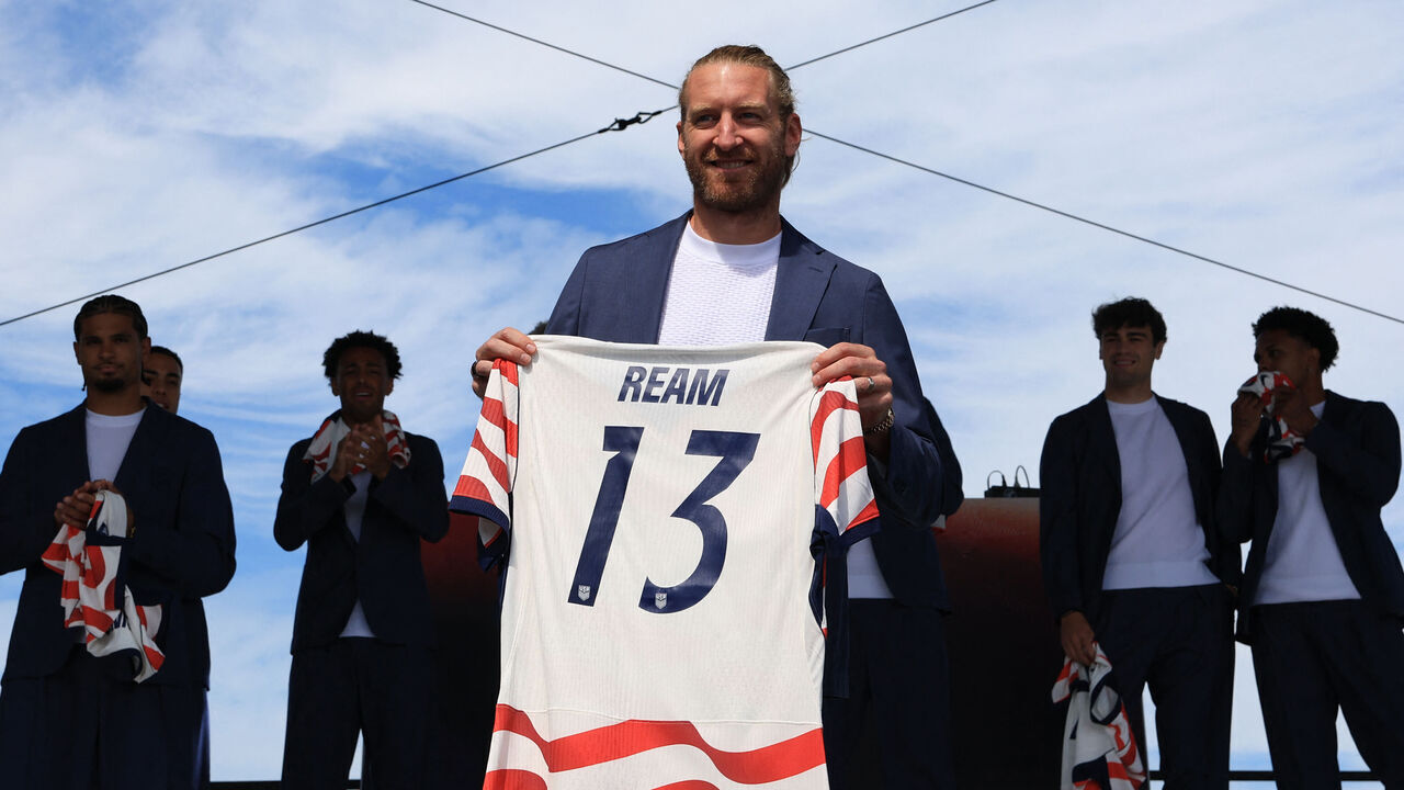 USA's defender Tim Ream poses with his jersey during the announcement of the The US Men's National Team's 2026 World Cup roster is announced in New York, on May 26, 2026.