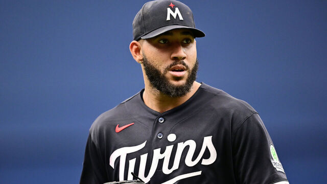 ST PETERSBURG, FLORIDA - APRIL 26: Simeon Woods Richardson #24 of the Minnesota Twins looks on during a game against the Tampa Bay Rays at Tropicana Field on April 26, 2026 in St Petersburg, Florida.