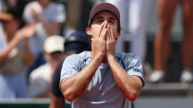 PARIS, FRANCE - MAY 30: Zachary Svajda of United States reacts after victory over Francisco Cerundolo of Argentina following their Men's Singles third round match on Day Seven of the 2026 French Open at Roland Garros on May 30, 2026 in Paris, France.