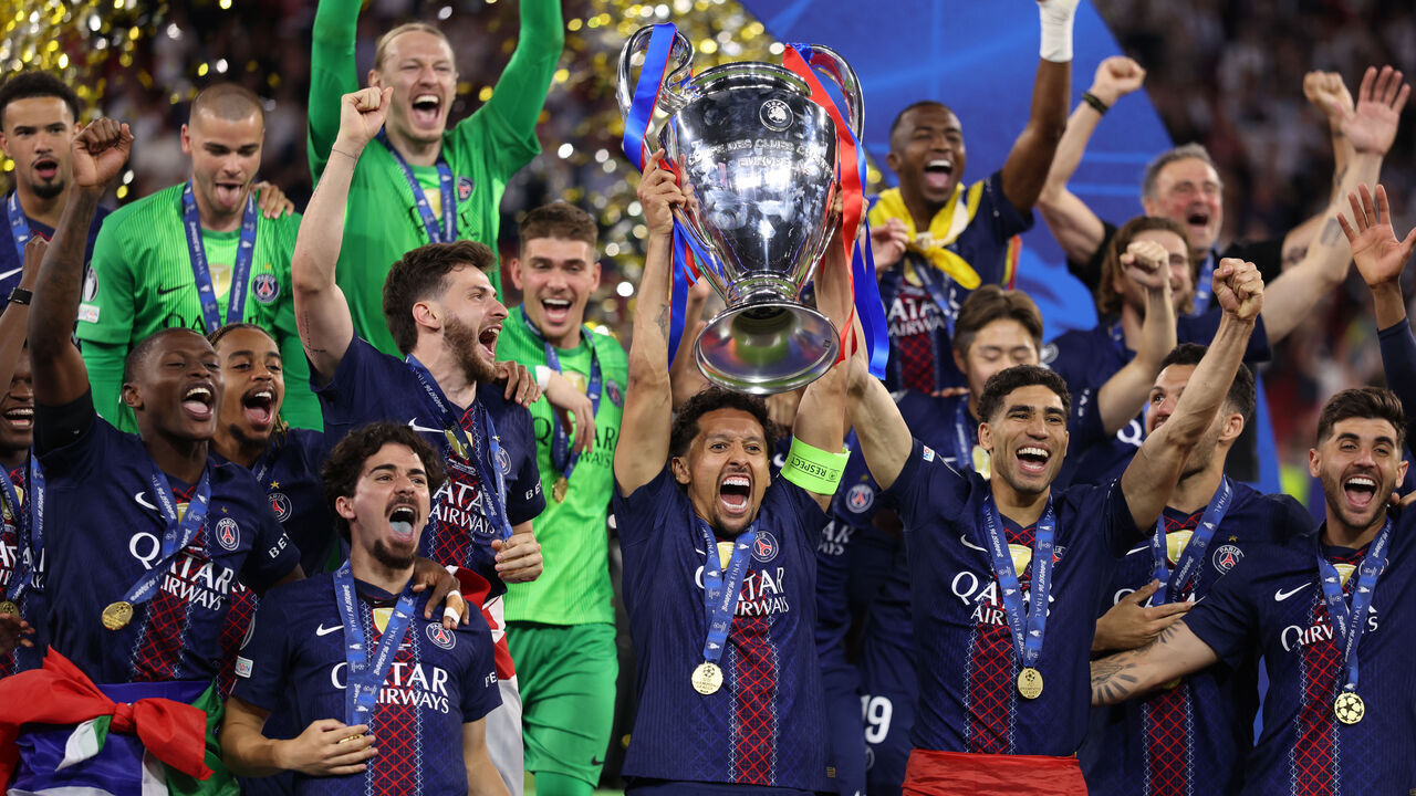 BUDAPEST, HUNGARY - MAY 30: Marquinhos of Paris Saint Germain lifts the UEFA Champions League trophy with team mates during the UEFA Champions League Final 2026 match between Paris Saint-Germain and Arsenal FC at Puskas Arena on May 30, 2026 in Budapest, Hungary.