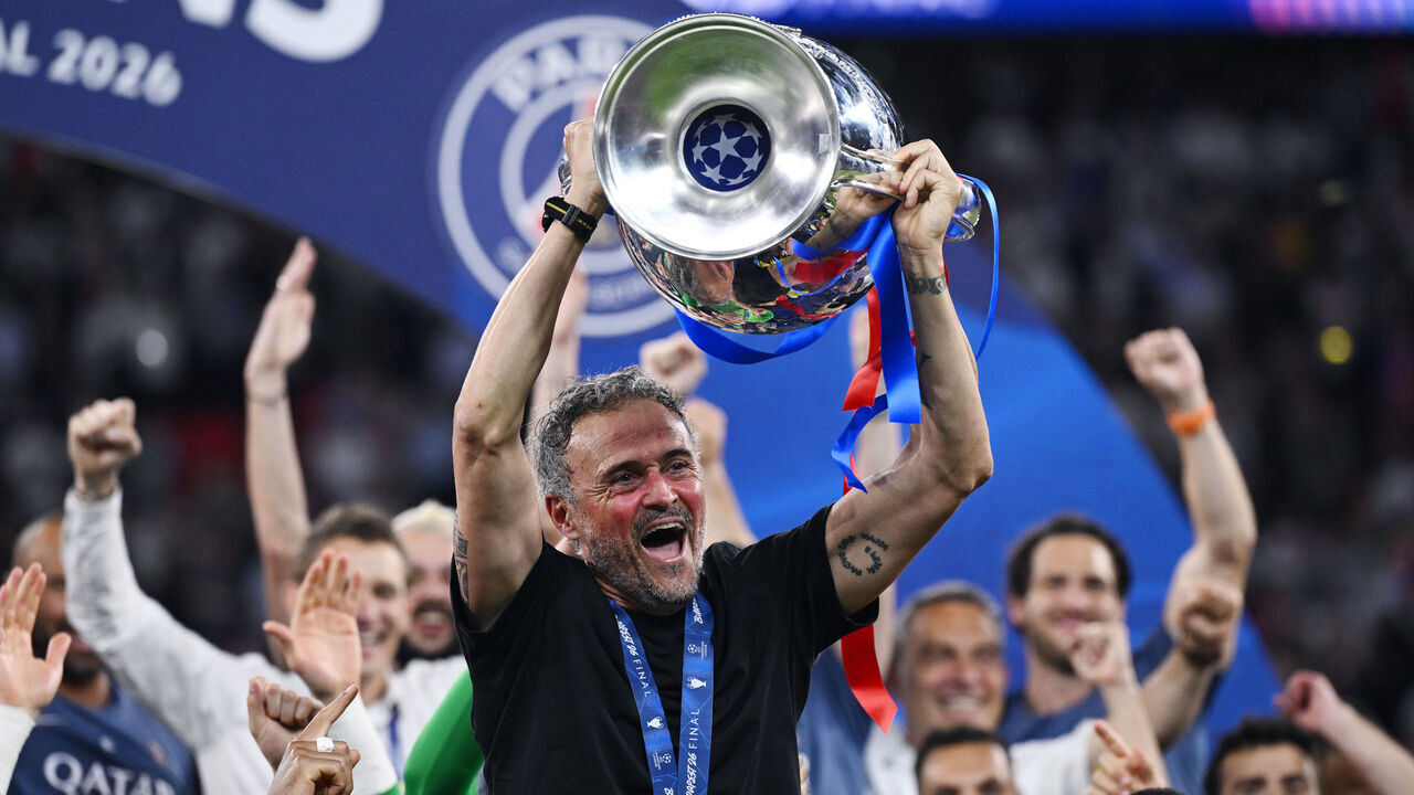 BUDAPEST, HUNGARY - MAY 30: Luis Enrique of Paris Saint Germain celebrates at the end of the UEFA Champions League Final 2026 match between Paris Saint-Germain and Arsenal FC at Puskas Arena on May 30, 2026 in Budapest, Hungary.
