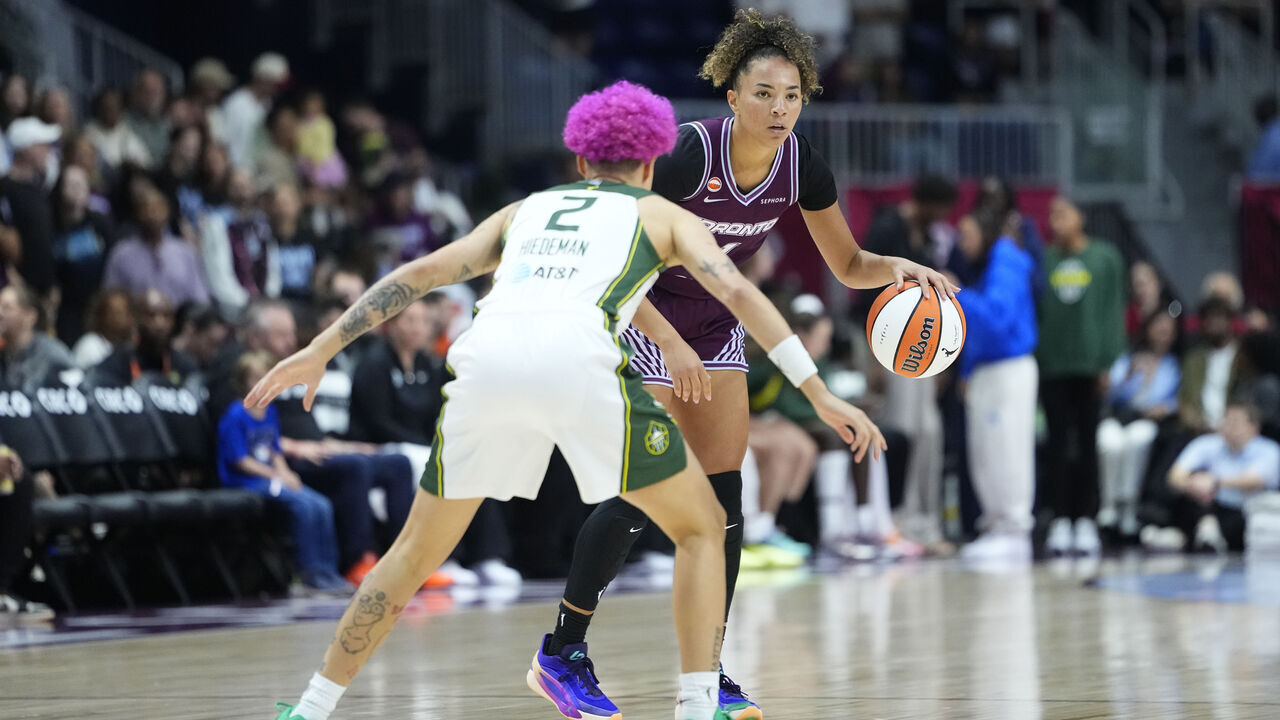 TORONTO, CANADA. - MAY 30: Kiki Rice #1 of the Toronto Tempo looks to pass the ball during the game against the Seattle Storm on May 30, 2026 at Coca-Cola Coliseum in Toronto, Canada. Mandatory Copyright Notice: Copyright 2026 NBAE