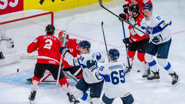 ZURICH, SWITZERLAND - MAY 30: Aatu Raty #34 of Finland celebrates after scoring a goal during the 2026 IIHF Ice Hockey World Championship Switzerland Semi-finals game between Canada and Finland at Swiss Life Arena on May 30, 2026 in Zurich, Switzerland.