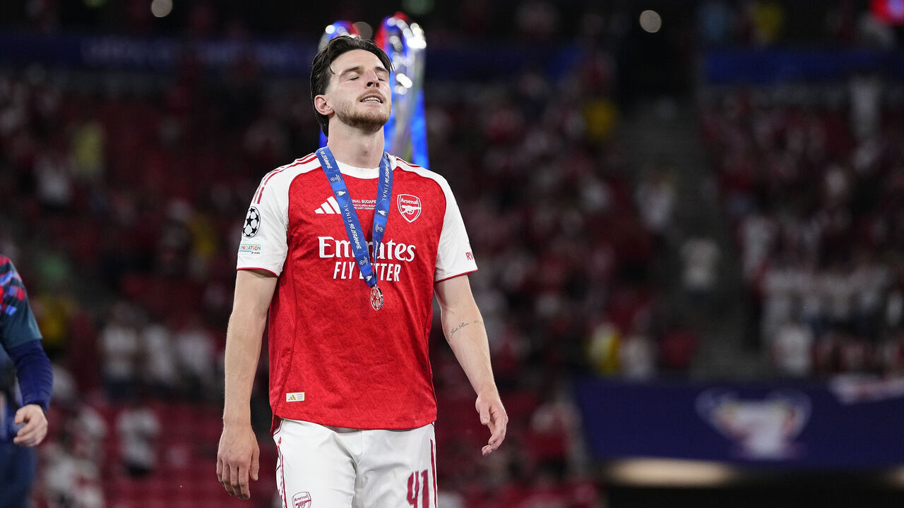 Declan Rice central midfield of Arsenal and England reacts during the UEFA Champions League Final 2026 match between Paris Saint-Germain and Arsenal FC at Puskas Arena on May 30, 2026 in Budapest, Hungary.