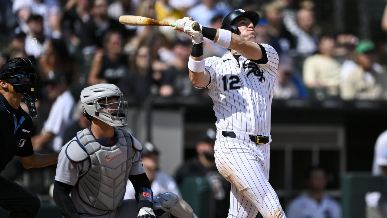 CHICAGO, ILLINOIS - MAY 30: Colson Montgomery #12 of the Chicago White Sox homers during the eighth inning of the game against the Detroit Tigers at Rate Field on May 30, 2026 in Chicago, Illinois.