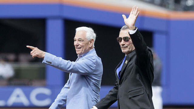 NEW YORK, NEW YORK - MAY 30: Former New York Mets manager Bobby Valentine (L) and player Lee Mazzilli are introduced for their induction into the team'ss Hall of Fame prior to a game against the Miami Marlins at Citi Field on May 30, 2026 in New York City.
